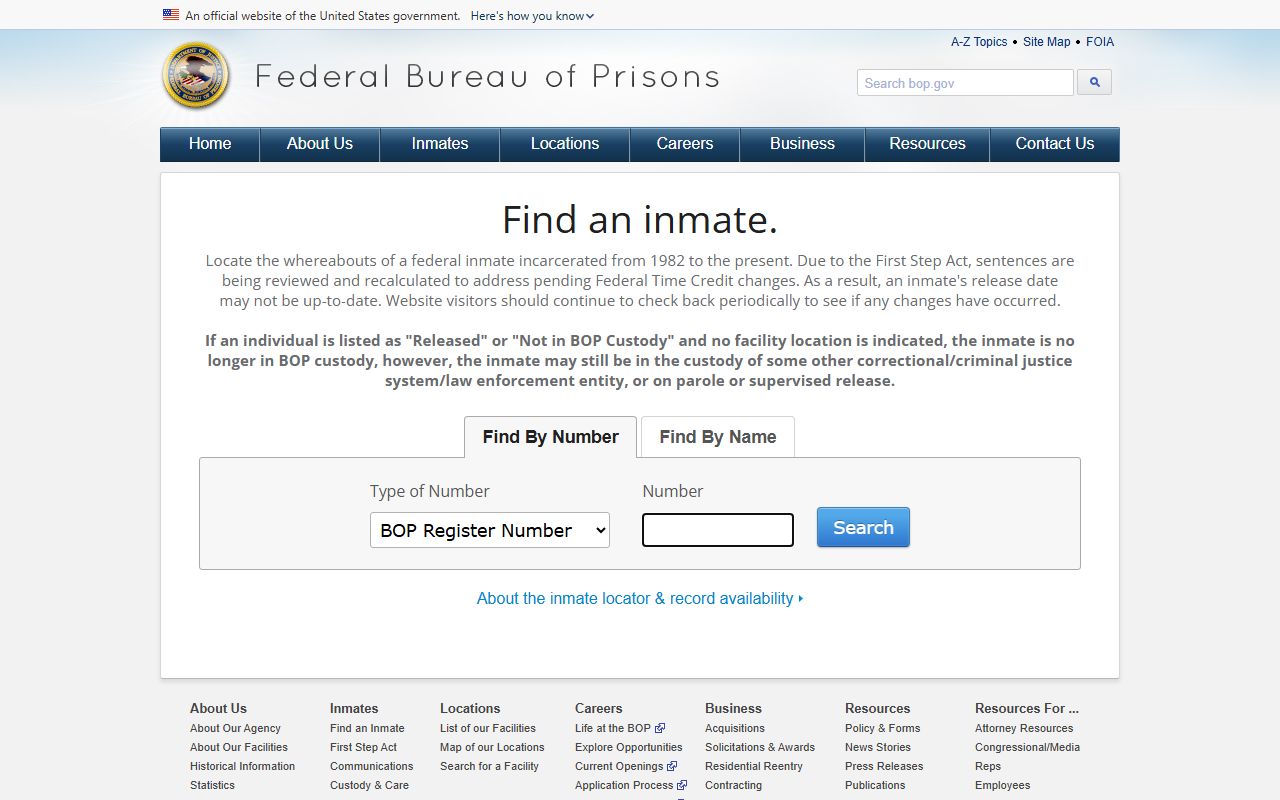 BOP Inmate Locator search fields for FCI Sandstone federal inmates