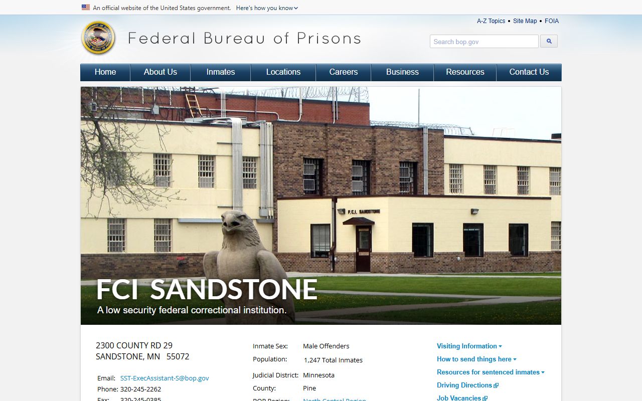 FCI Sandstone BOP federal inmate facility page