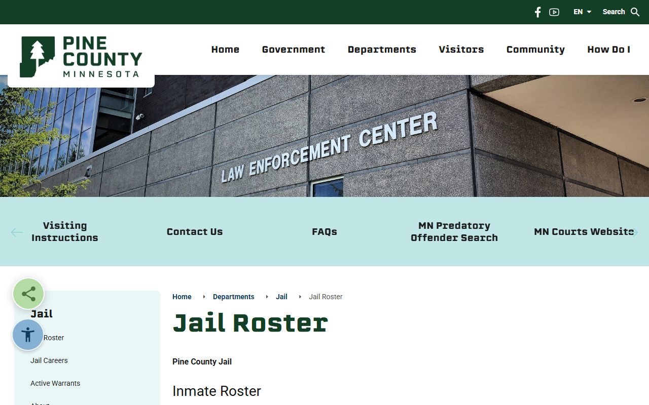 Pine County jail roster page for inmate population search