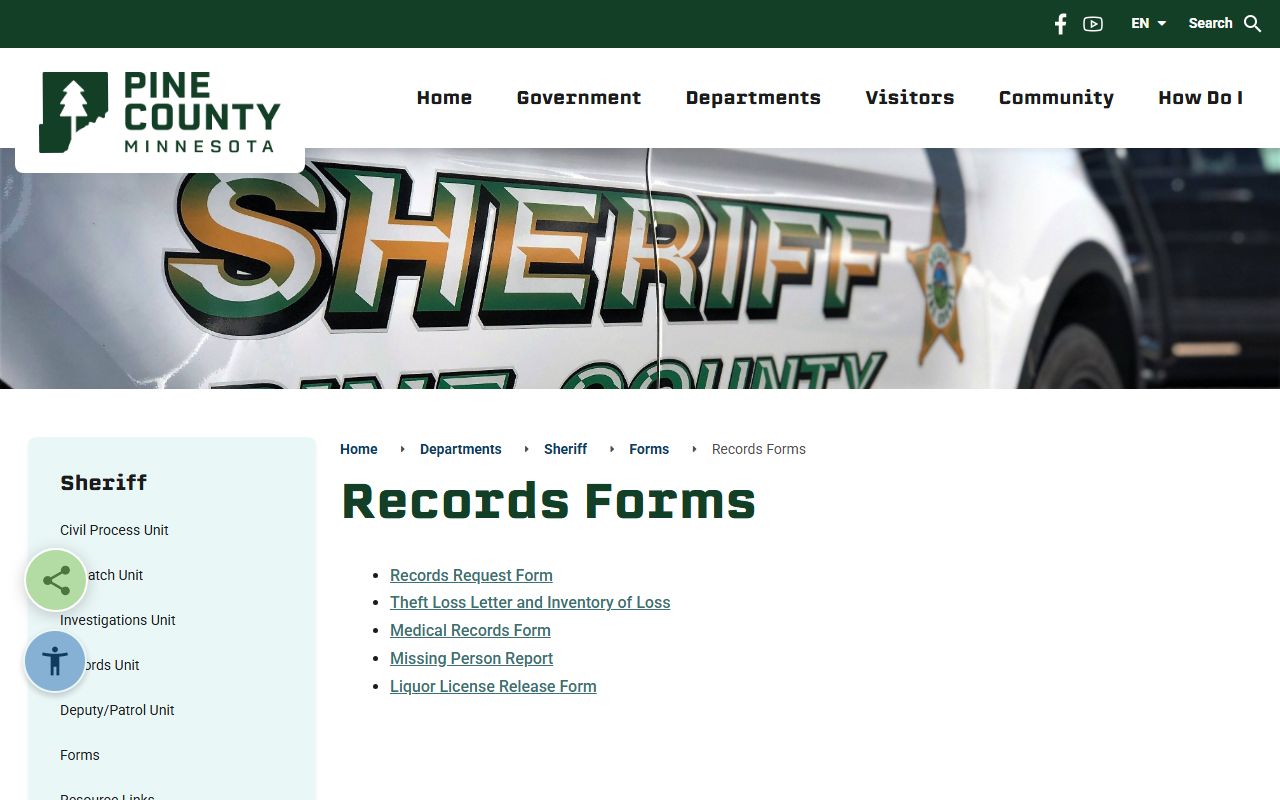 Pine County booking photos records request forms page